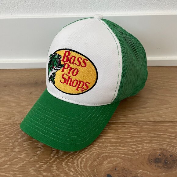 Bass Pro Shops Hat Green Embroidered Logo Mesh Back Cap Snapback Fish White - Picture 1 of 12
